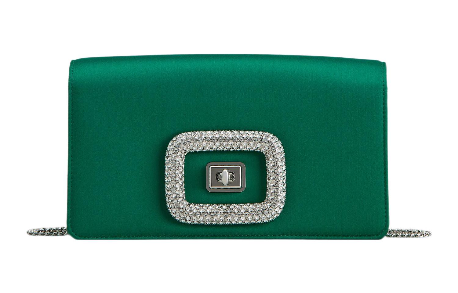 Roger Vivier Roger Vivier RV Viv' Choc Series Knob Lock Chain Solid Color Sparkling Diamond Silk Satin Clutch Crossbody Shoulder Bag Women's Green