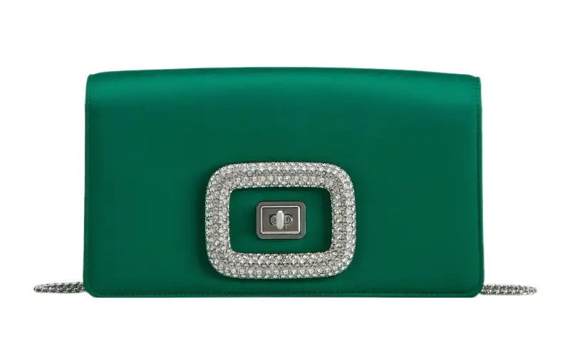 Roger Vivier Roger Vivier RV Viv' Choc Series Knob Lock Chain Solid Color Sparkling Diamond Silk Satin Clutch Crossbody Shoulder Bag Women's Green