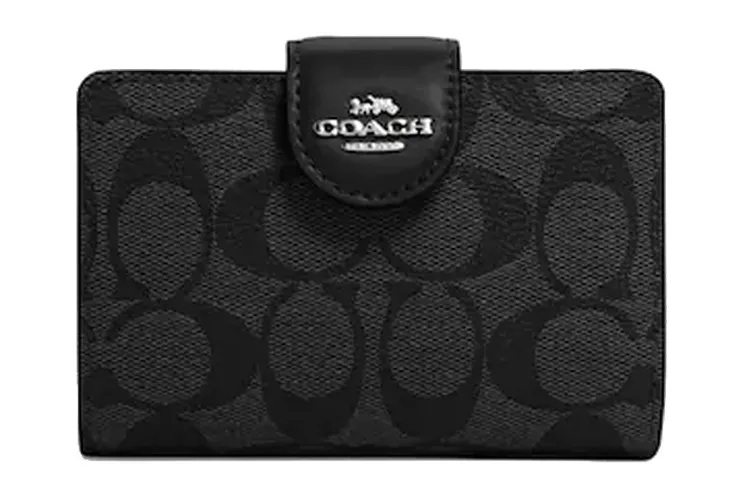 COACH Coated Canvas With Leather Card Holder, Wallet Mini Women's Khaki & Black