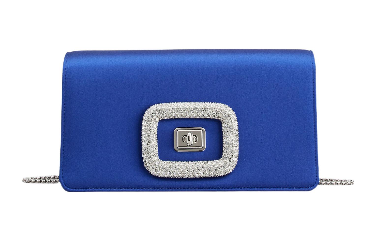 Roger Vivier Roger Vivier VIV Diamond Knob Lock Silk Satin Chain Bag Hand Crossbody Shoulder Bag Mini Women Blue