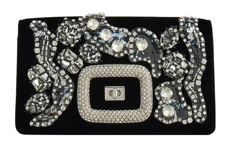 Roger Vivier Viv' Choc Shine Series Sparkling Diamond Pearl Intarsia Diamond Button Velvet and Leather Shoulder Crossbody Bag Mini Women's Black