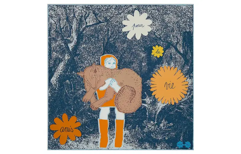 HERMES Silk Scarves Women's Marine Blue/Orange/Light Camel