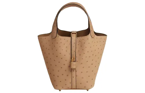 HERMES Picotin Lock Ostrich Leather Basket Bag, Bucket Bag, Handbag 18 Women's 0M CHAI Milk Tea