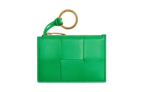 Bottega Veneta Intrecciato Sheepskin Cow Leather Card Holder Key Pouch Women's Parrot Green