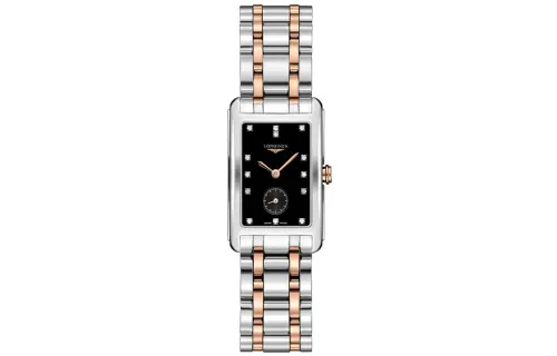 LONGINES Quartz fashionable waterproof black dial stainless steel, golden gold watch, case, quartz mechanism, simple and elegant design, 30meter, 23mm, 37mm, 18 carat, pink gold