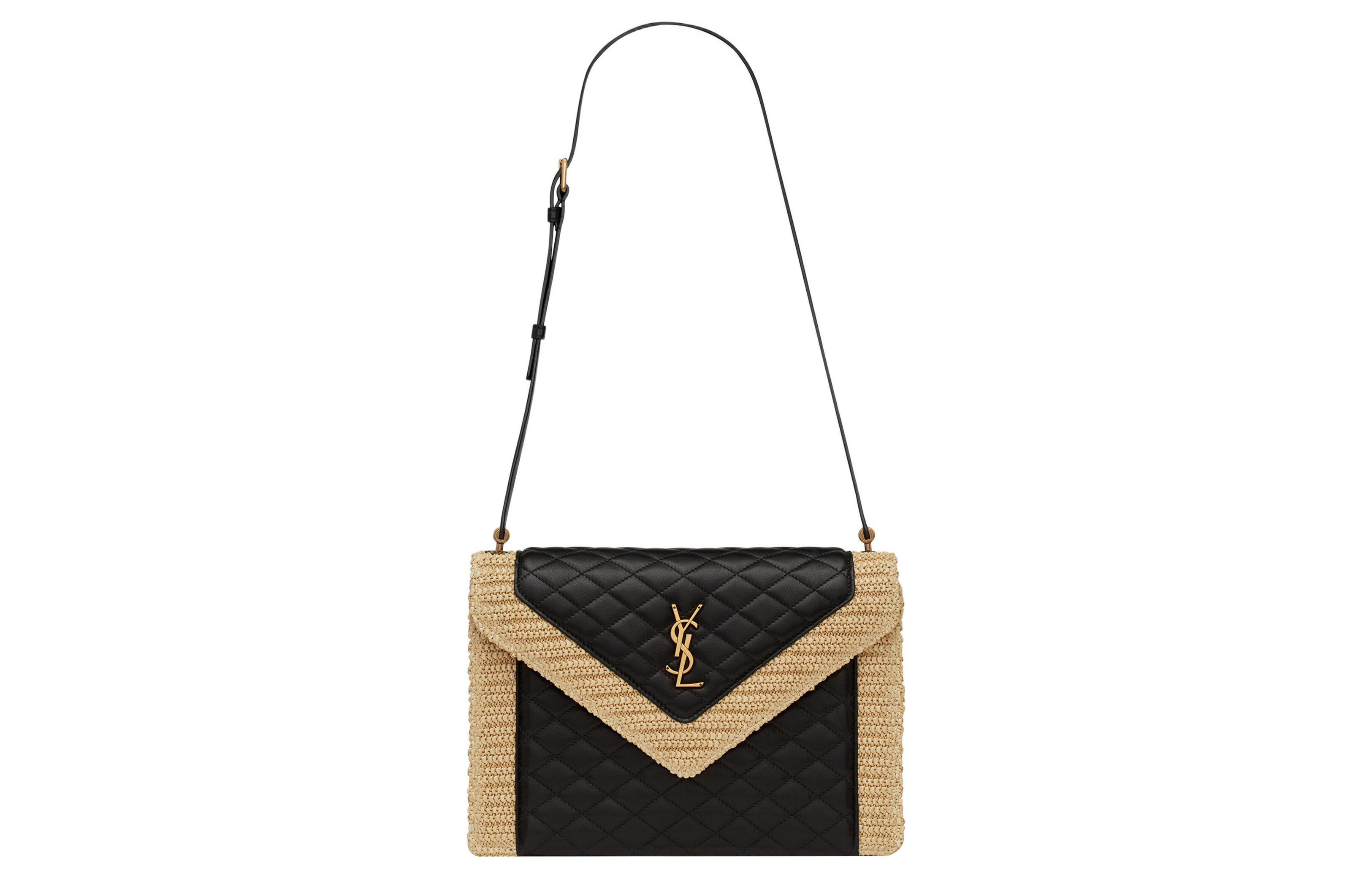 SAINT LAURENT Saint Laurent YSL GABY Logo Quilted Calfskin and Sheepskin and Raffia Details Envelope Bag Crossbody Shoulder Bag Women's Black and Natural Color