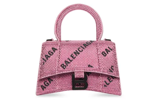 Balenciaga Hourglass Xs Handbag With Chain And Allover Logo Rhinestones Pink/Black
