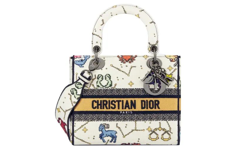DIOR Lady D Lite Embroidery Handbag, Shoulder Bag, Crossbody Bag, Handbag Medium Women's Milk White