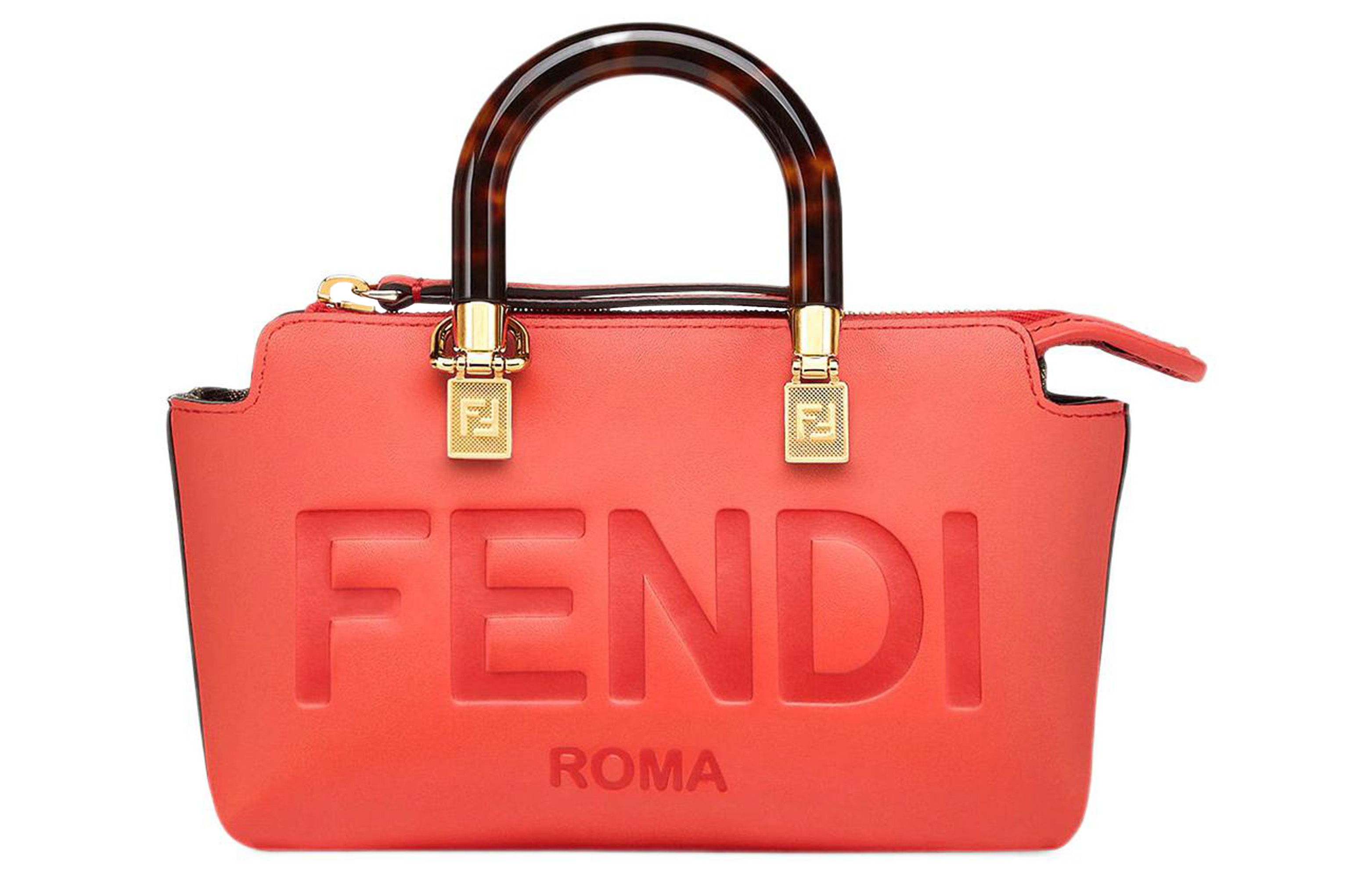 FENDI Handle plexiglass, leather boston bag, purse, small red one-shoulder bag, with your logo imprint