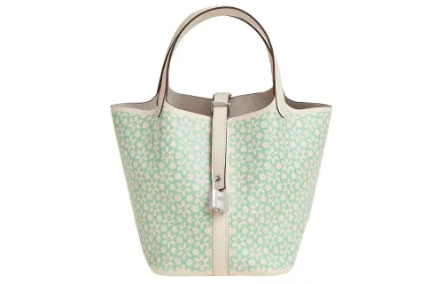 HERMES Picotin Lock Swift Calfskin Basket Bag, Bucket Bag, Handbag 18 Women's Gray White/Green