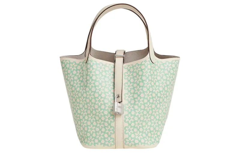 HERMES Picotin Lock Swift Calfskin Basket Bag, Bucket Bag, Handbag 18 Women's Gray White/Green