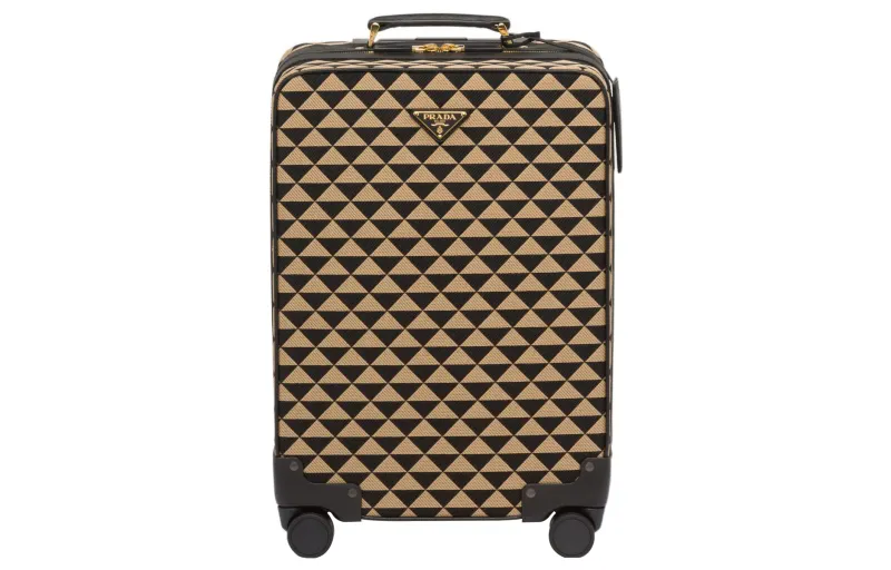 PRADA Symbole Embroidery Jacquard Fabric With Leather Suitcase Luggage Men's Black & Beige & Yellow