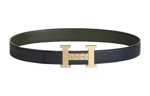 HERMES Epsom Calfskin Leather Belts Men's Indigo/Gray Green Width 3.2cm