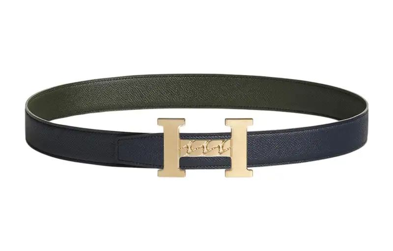 HERMES Epsom Calfskin Leather Belts Men's Indigo/Gray Green Width 3.2cm