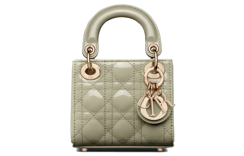 DIOR Lady Dior Patent Leather, Cow Leather Handbag, Shoulder Bag, Crossbody Bag, Handbag Extra Mini Women's Gray Green
