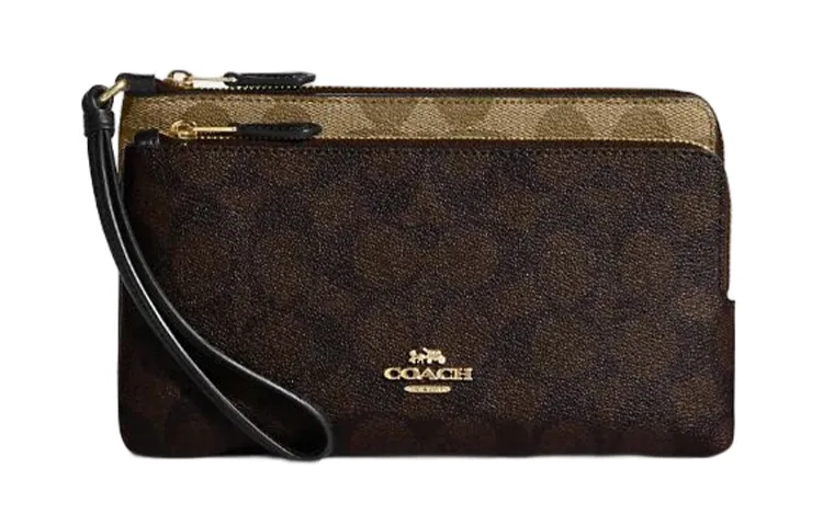 COACH Double Zip Wallet Canvas Leather Wrist Bag Clutch Wallet Small Women's Khaki Brown