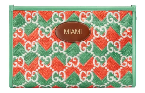 GUCCI Straw With Leather Trim Makeup Bag Clutch Women's Green/Orange