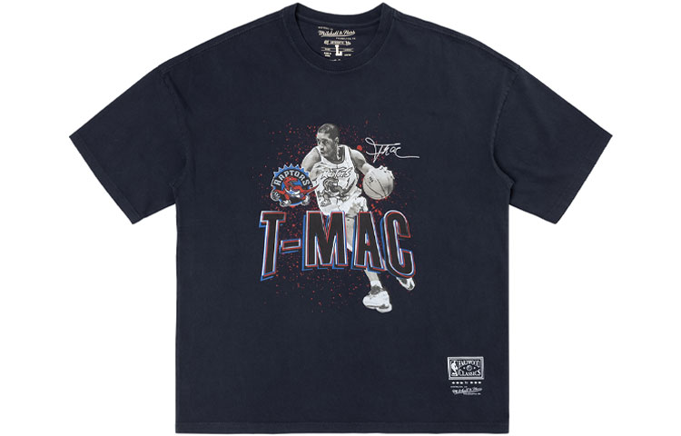 Mitchell & Ness SS22 Toronto Raptors McGrady No. 1 NBA character print American retro dopamine loose round neck short-sleeved T-shirt for men and women, dark blue