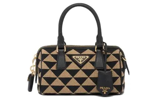 PRADA Embroidery Fabric Crossbody One Shoulder Handbag Regular Women's Black/Beige Yellow