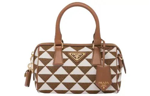 PRADA Saffiano Embroidery Fabric Shoulder Bag, Crossbody Bag, Handbag Women's Tobacco/Pink Mist White