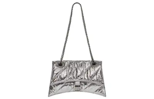 Balenciaga Crush Shiny Double Chain Crossbody Bag, Shoulder Bag Women's Silver