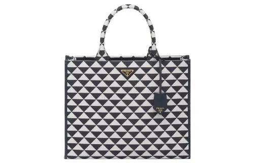 PRADA Large Symbole Embroidered Fabric Handbag Baltic Blue/Chalk White
