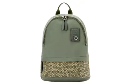 LOEWE Round Slim Backpack In Canvas And Anagram Jacquard Khaki Green