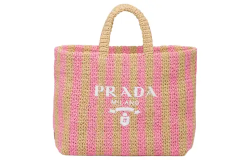 PRADA Raffia Fiber Tote Bag, Shopping Bag, Handbag Large Women's Tan/Petal Pink