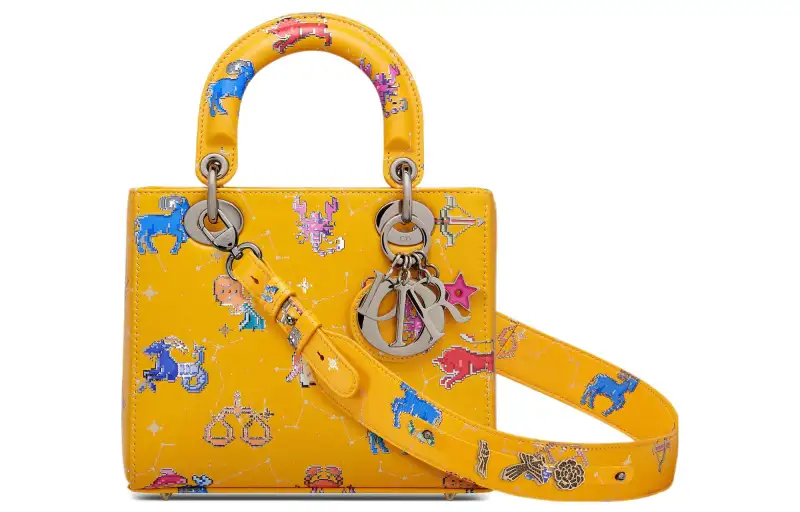 DIOR Lady Dior Calfskin Handbag, Shoulder Bag, Crossbody Bag, Handbag Small Women's Yellow
