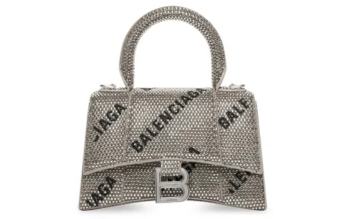 Balenciaga Hourglass Xs Handbag With Chain And Allover Logo Rhinestones Black