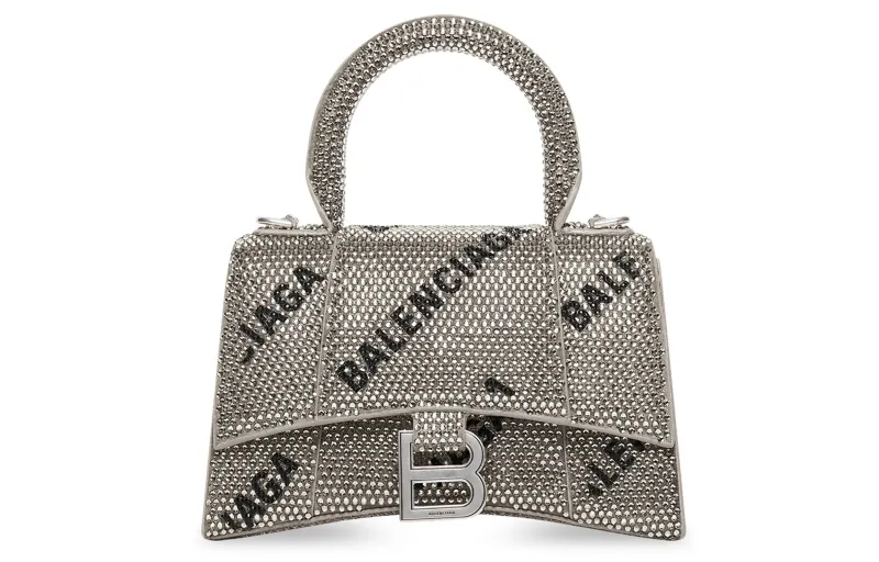 Balenciaga Hourglass Xs Handbag With Chain And Allover Logo Rhinestones Black