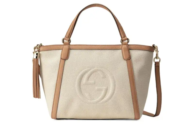 GUCCI Cotton With Leather Tote Bag, Shopping Bag, Shoulder Bag, Crossbody Bag, Handbag Regular Women's Beige