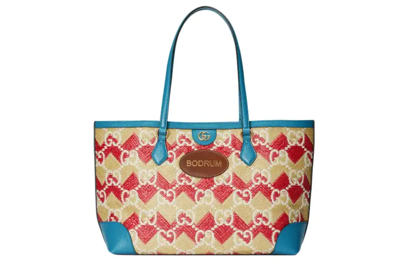 GUCCI Straw With Leather Trim Tote Bag, Shopping Bag, Shoulder Bag, Handbag Regular Women's Red/Blue
