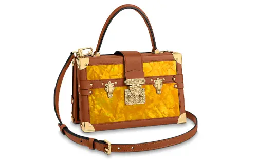 LOUIS VUITTON PETITE MALLE Shell With Cow Leather Trim Hard Box Bag, Handheld Crossbody Bag Women's Brown Yellow