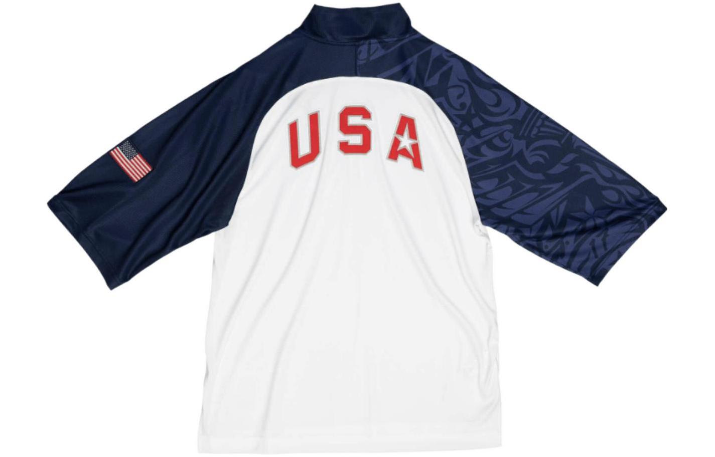 Mitchell & Ness Team USA 2008 Beijing Olympics Team USA warm-up appearance uniform color-blocked half-zip stand-up collar three-quarter sleeve T-shirt men's blue