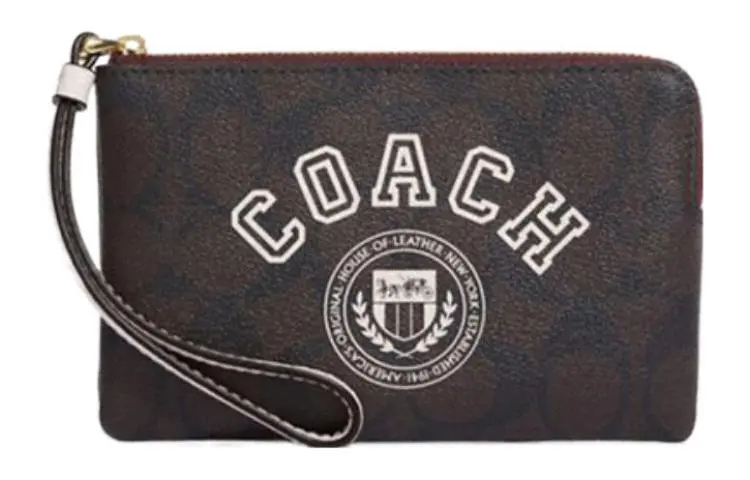COACH Corner Zip Artificial Leather Wrist Bag Clutch Small Women's Brown & Chalk White