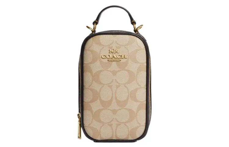 COACH Eva Artificial Leather Cell Phone Pouch Handbag Mini Women's Light Khaki & Brown