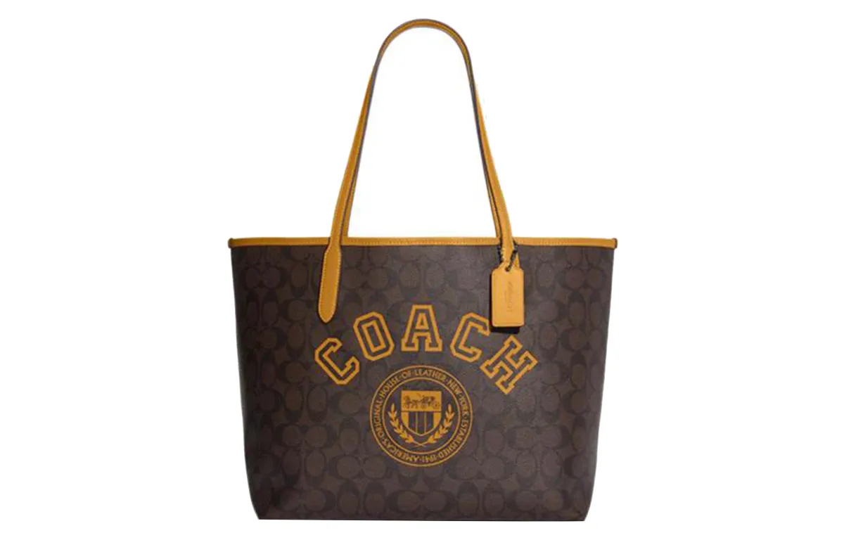 COACH City Artificial Leather Tote Bag, Shopping Bag, Shoulder Bag, Handbag Large Women's Brown & Yellow