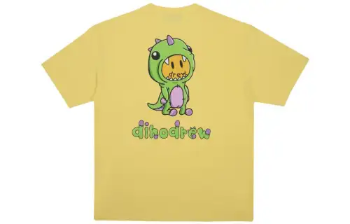 Drew house Dinosaur Collection T Shirts Men's Light Yellow Crew Neck Moderate Straight Fit