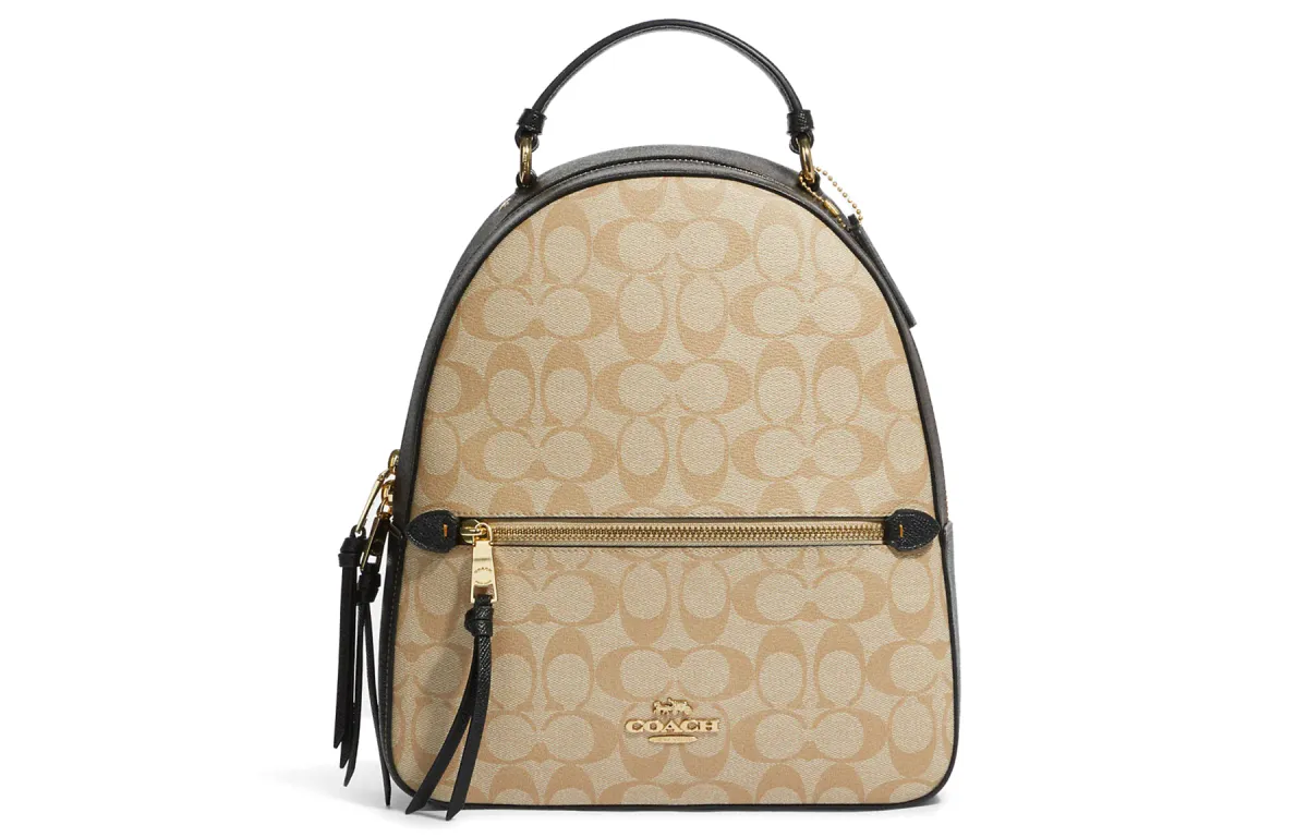 COACH Jordyn Signature Coated Canvas With Twill Leather Backpack Large Women's Light Khaki & Brown