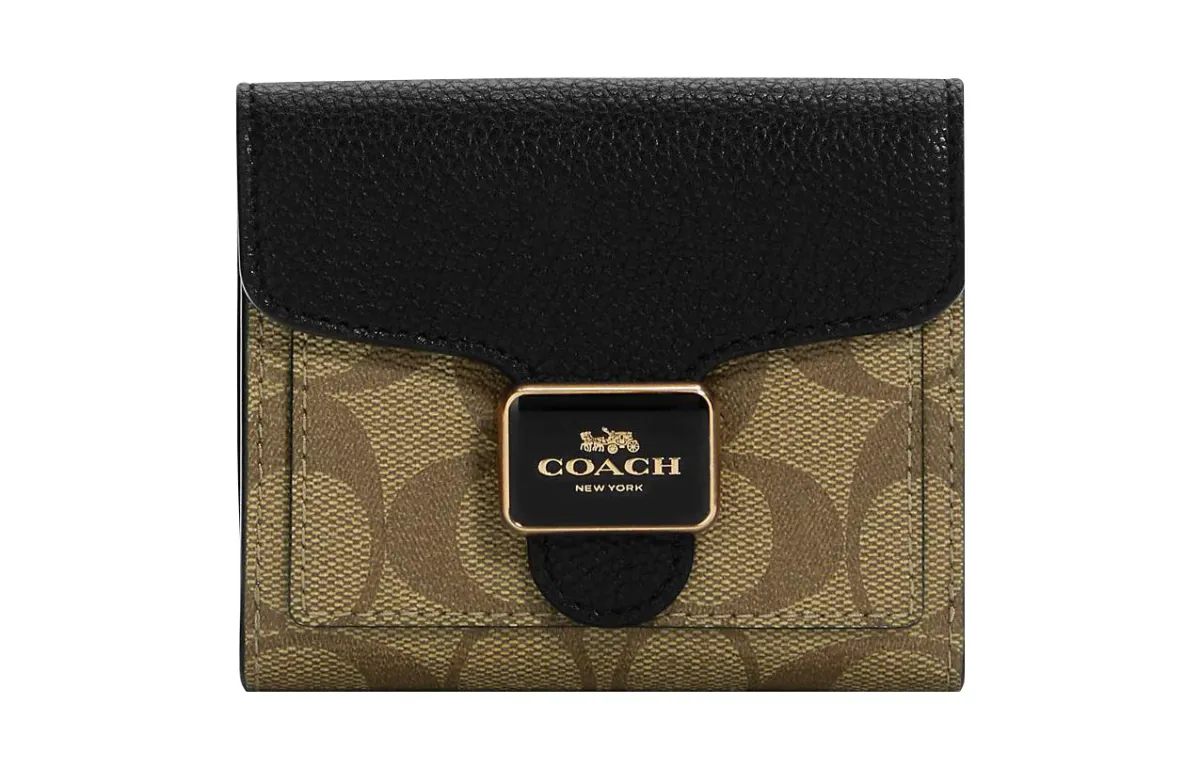 COACH Pepper Coated Canvas With Refined Pebbled Leather Card Holder, Wallet Regular Women's Khaki & Black