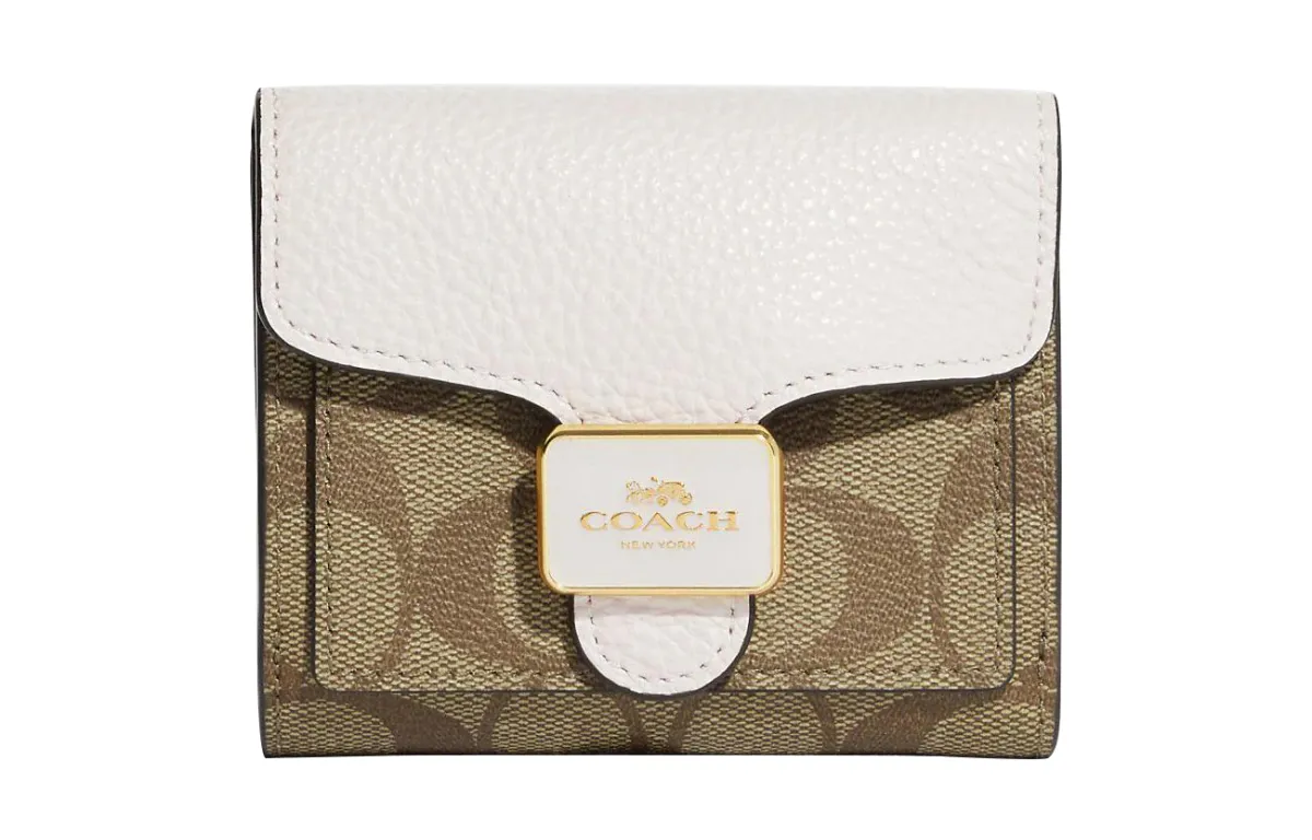 COACH Pepper Coated Canvas With Refined Pebbled Leather Card Holder, Wallet Regular Women's Khaki & Chalk White