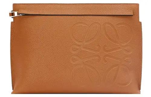LOEWE T Pouch Bag Grained Calfskin Clutch Women's Brown