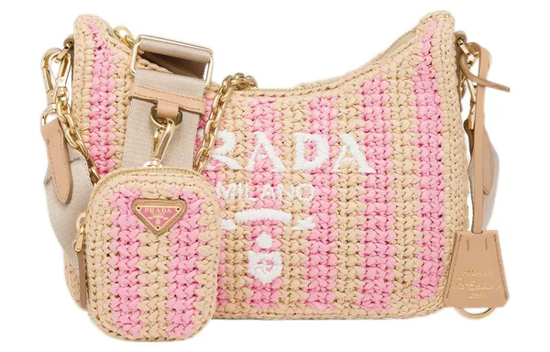 PRADA Re Edition Natural Raffia Fiber Leather Detail Crossbody Bag, Shoulder Bag Women's Tan/Petal Pink