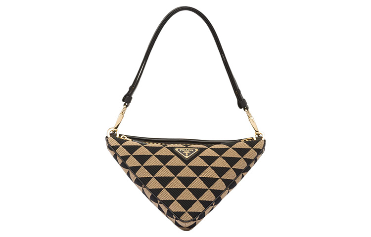 PRADA Triangle Collection Enameled Metal Triangle Logo Leather Patchwork Triangle Bag Handbag Handbag Mini Women's Black/Beige