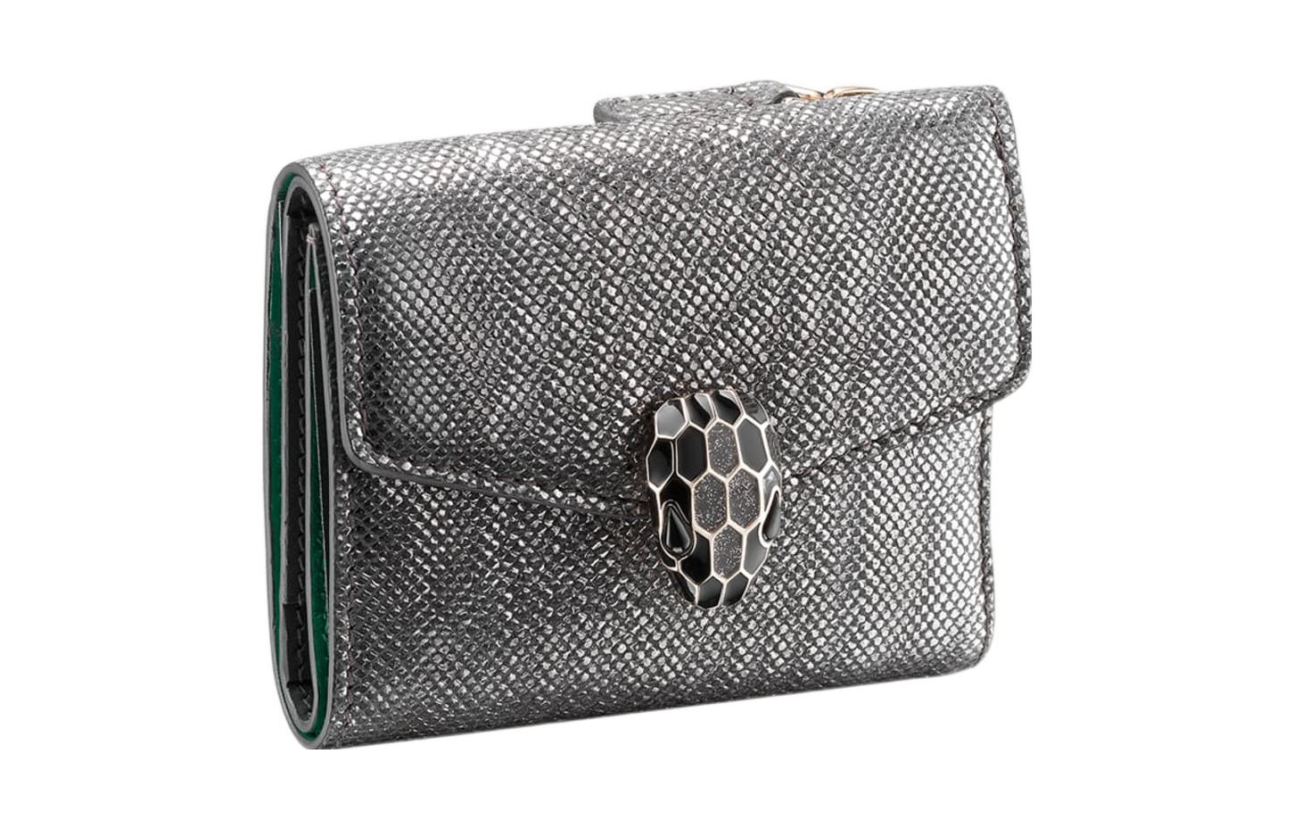 BVLGARI Bvlgari Serpenti Forever Snap Trifold Karung Water Snake Wallet Women's Gray