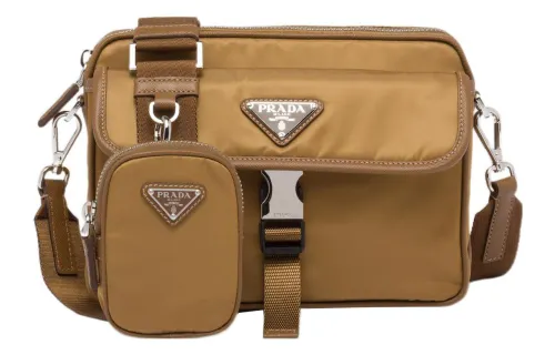 PRADA Leather, Textile Crossbody Bag, Shoulder Bag Men's Tobacco