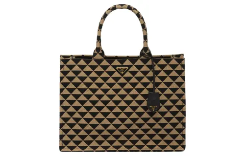 PRADA Jacquard Fabric With Leather Tote Bag, Shopping Bag, Handbag Women's