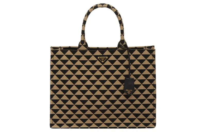 PRADA Jacquard Fabric With Leather Tote Bag, Shopping Bag, Handbag Women's