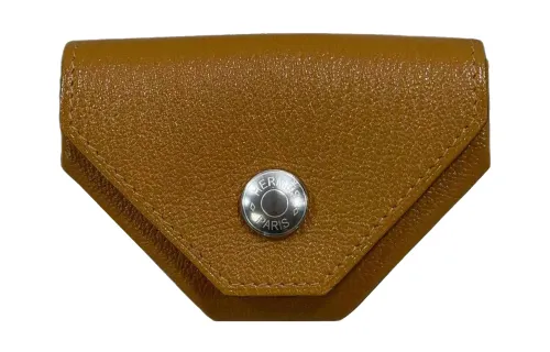 HERMES 24 Verso Mysore Goat Skin Card Holder, Coin Purse Women's Gold Brown/Texas Pink